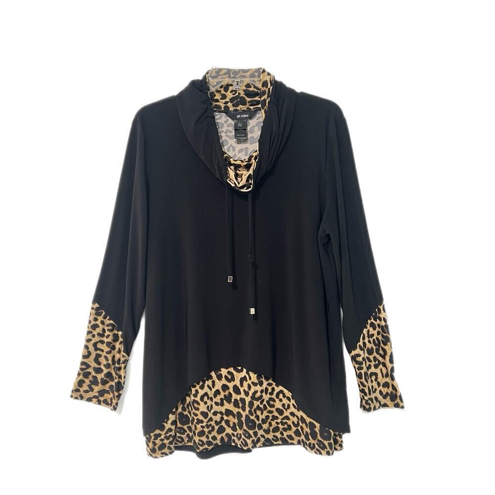 Ali Miles Top Womens L Black Animal Print Tunic Pullover Cowl Neck Split Back